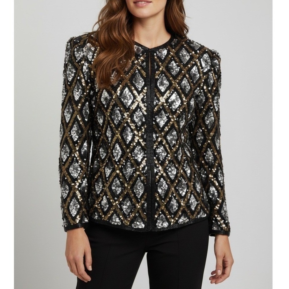VTG Lord & Taylor Silk Sequin Beaded Evening Jacket‎ Diamond Plus 14W Black Gold